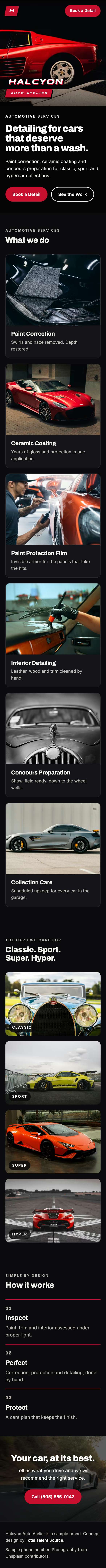 Halcyon Auto Atelier website on a phone. Full page: The whole landing page.