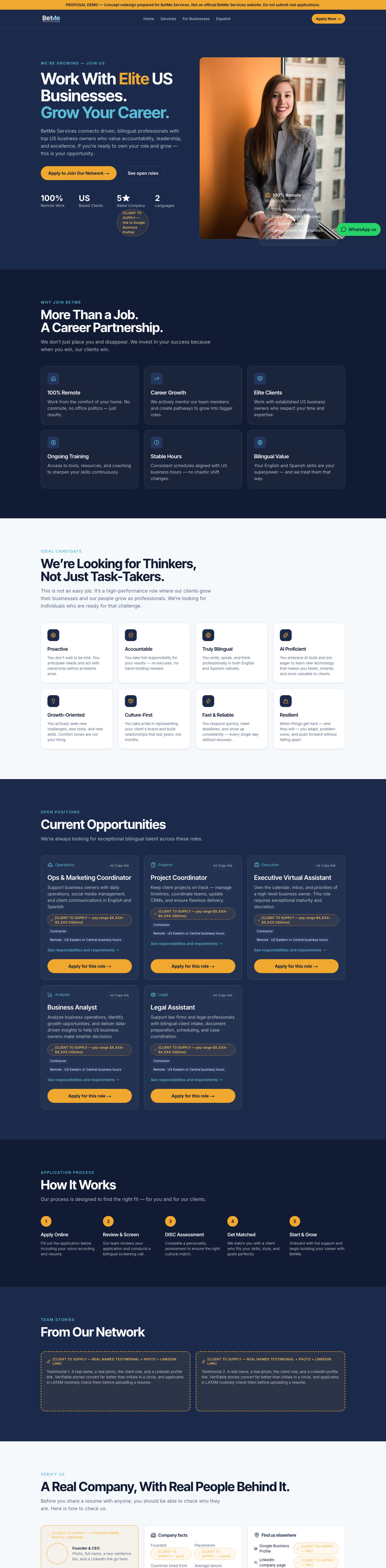 BetMe Services careers page website on a computer. Careers page: The proposal page, top to bottom.