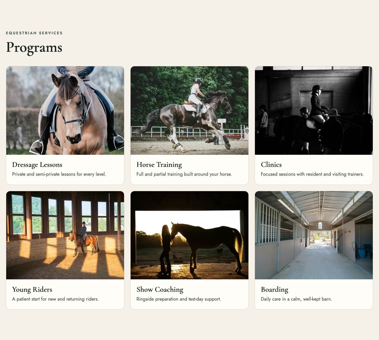 Silverline Dressage website on a computer. Programs: One short line per program, each with a photo.