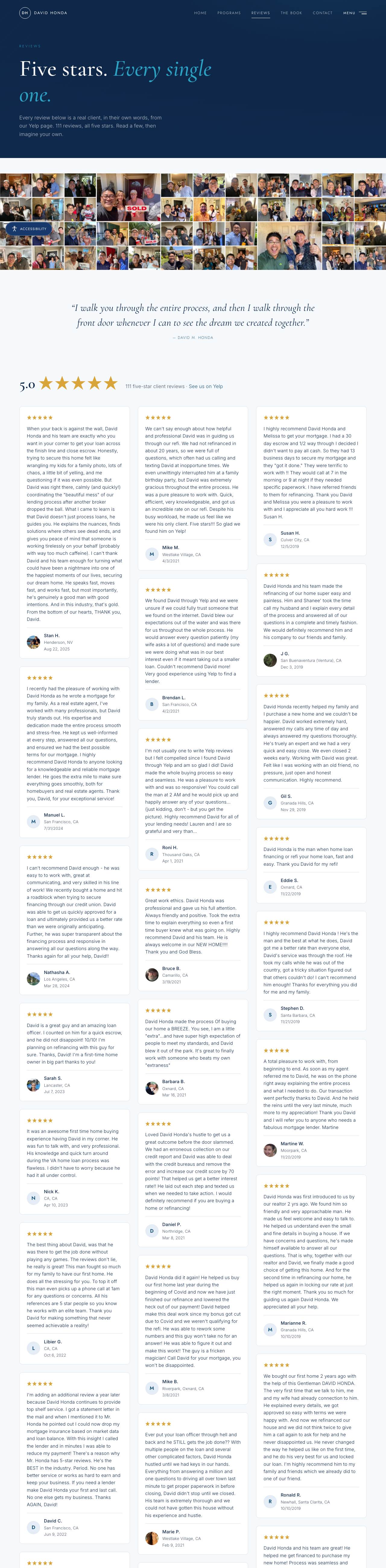 David Honda website on a computer. Reviews: Client reviews from his Yelp page, shown on his own site under a collage of client photos.