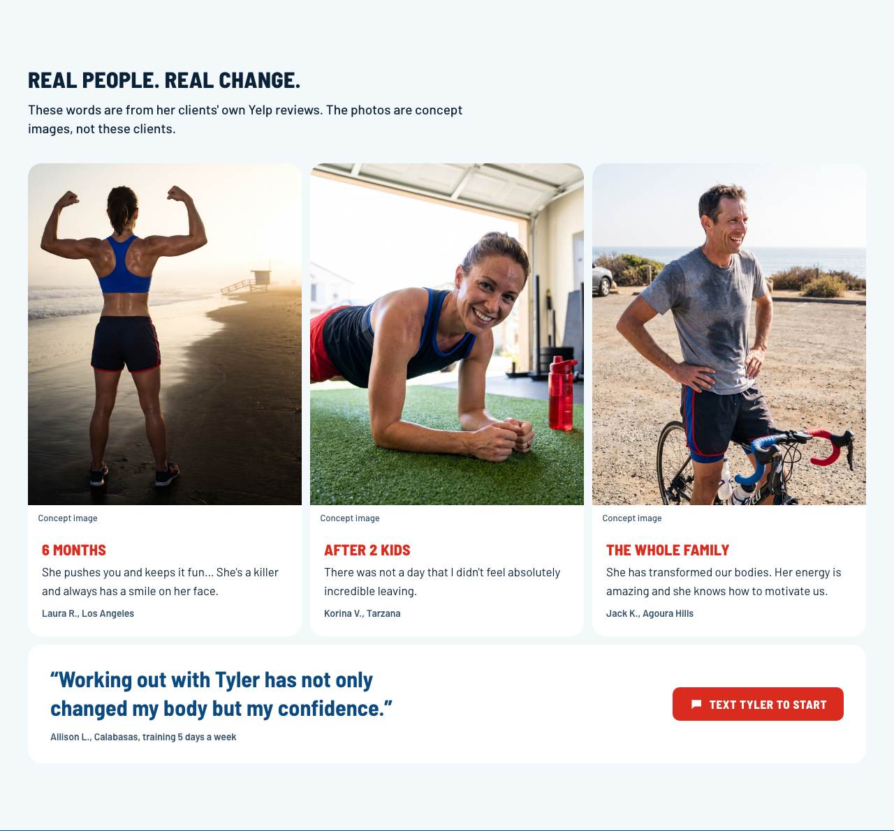 Body By Tyler website on a computer. Results: Three photo panels, each with a client review.