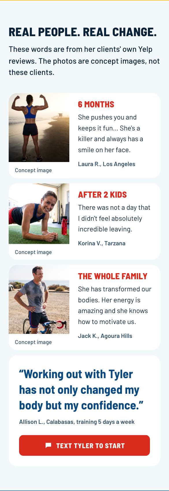 Body By Tyler website on a phone. Results: Three photo panels, each with a client review.