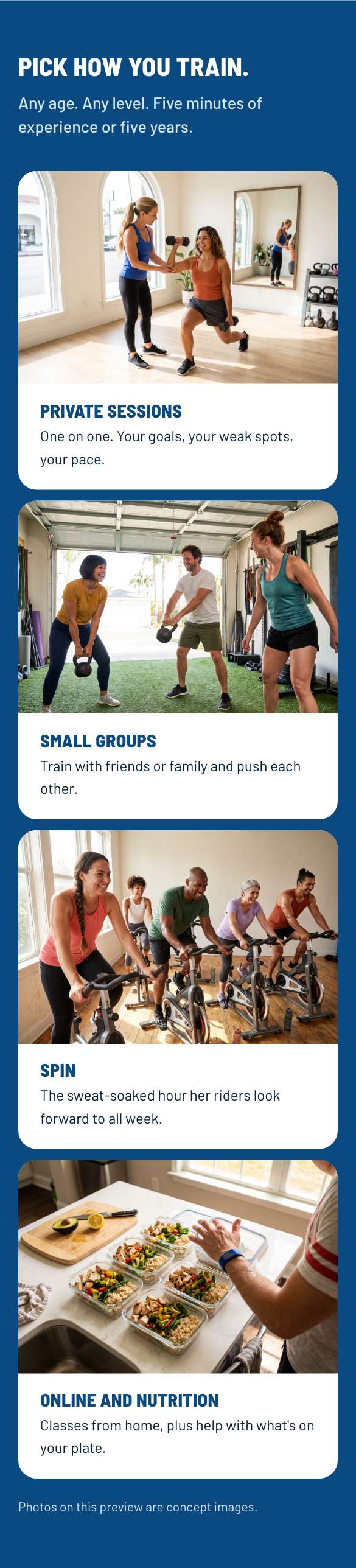 Body By Tyler website on a phone. Ways to train: Four ways to train, each with a photo and one short line.