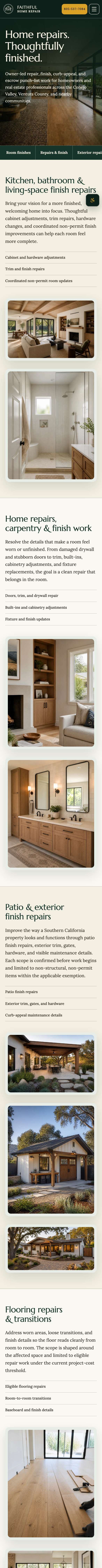 Faithful Home Repair website on a phone. Services: Six service groups, each with pictures, and the areas served.
