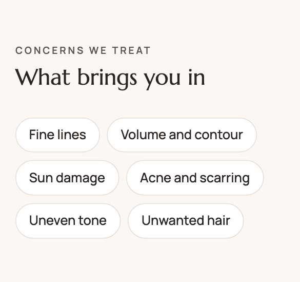 Lumen Aesthetics website on a phone. Concerns: The concerns visitors arrive with, in one row.