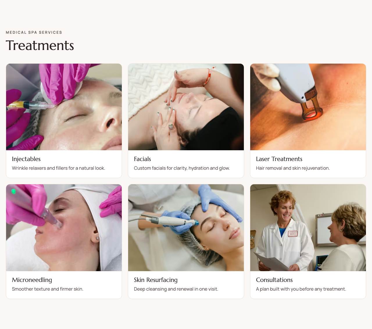 Lumen Aesthetics website on a computer. Treatments: One short line per treatment, each with a photo.