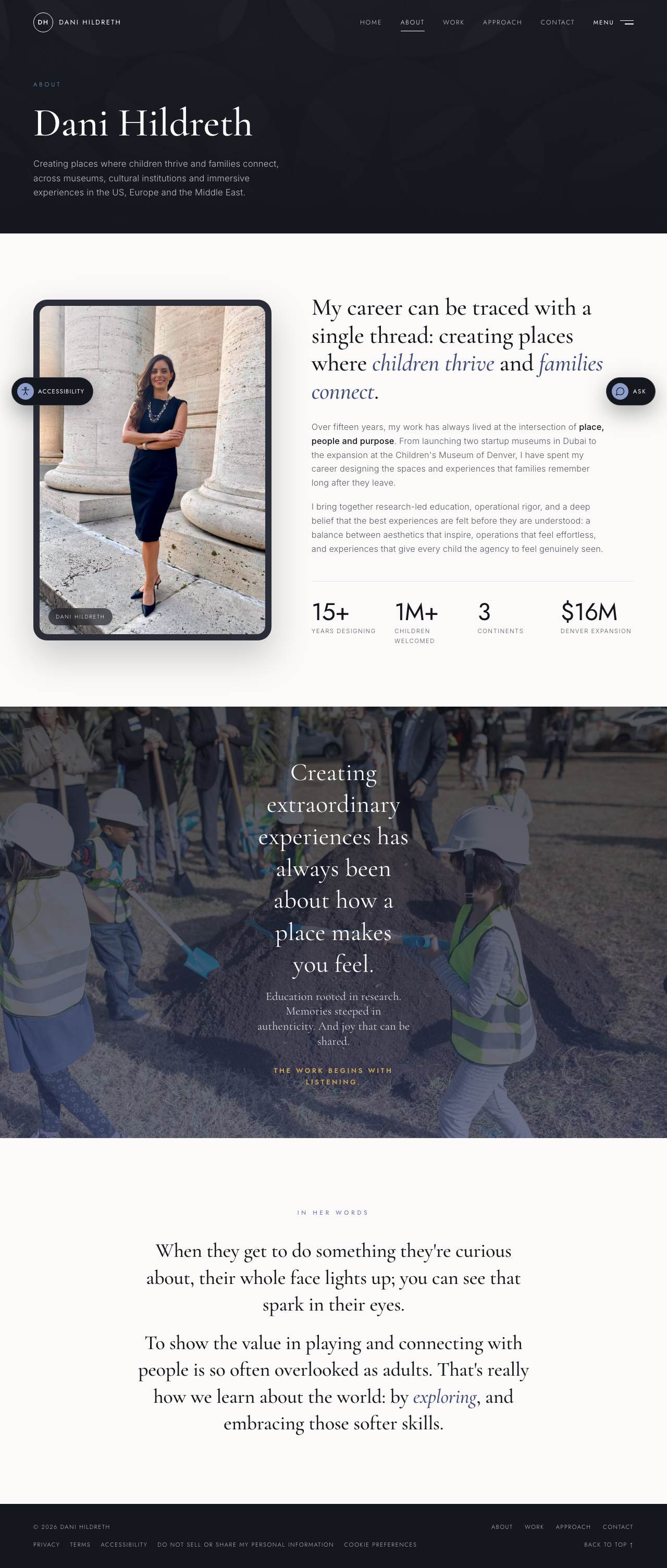 Dani Hildreth website on a computer. About: Her background, with press quotes.