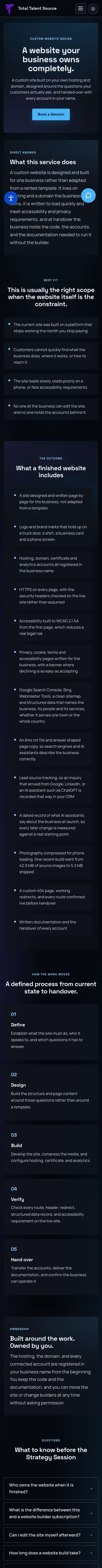Total Talent Source website on a phone. Service page: One service page: what the service does, who it fits, the process and the questions.